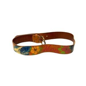 Hollister Hco Vintage Leather Belt Small 32” Surf Hibiscus Design